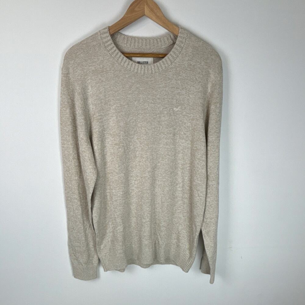 Hollister Men's L Beige Tight-Knit Pullover Sweater Crew Neck Logo Accent